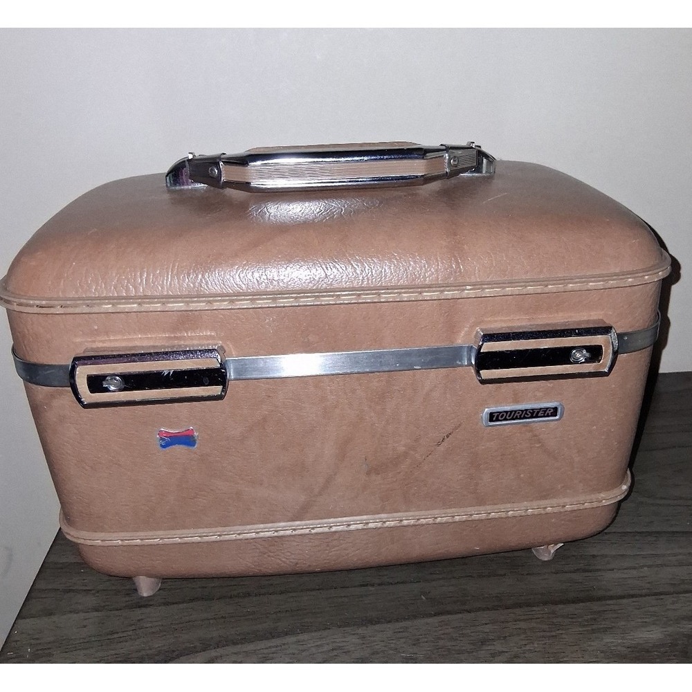 Vintage American Tourister Train Case Cosmetic Luggage Mirror Tray